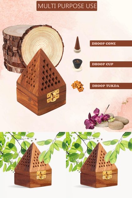 Natural Wooden Incense Burner Pyramid Box Handmade Dhoop Cone, Cup, Stick Compatible Meditation Yoga Special Box