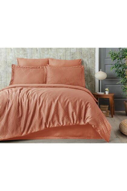 Tivoli 100% Cotton Jacquard & Satin Double Duvet Cover Set - Apricot Color - 200X220 cm