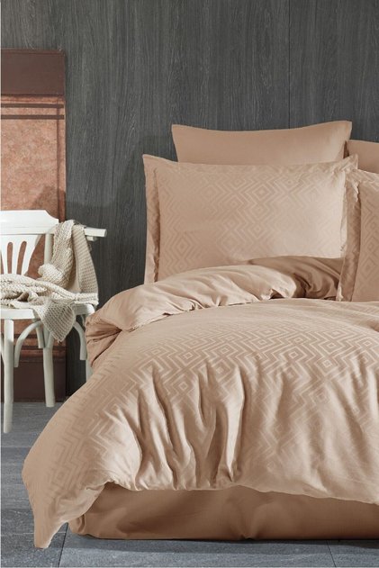 Jacquard & Satin Double Duvet Cover Set-6 Pieces & Geometric Pattern -200X220Cm-Metis Cappuccino