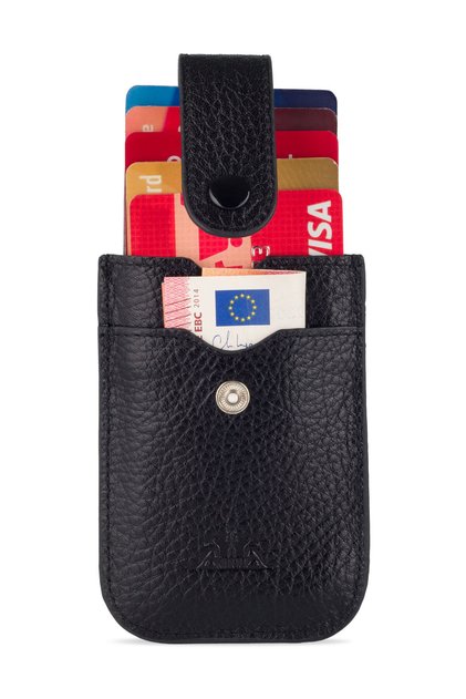 Men's Black 100% Genuine Leather Pull-Out Quality Luxury Slim Upright Credit Card Holder Wallet Business Card Holder