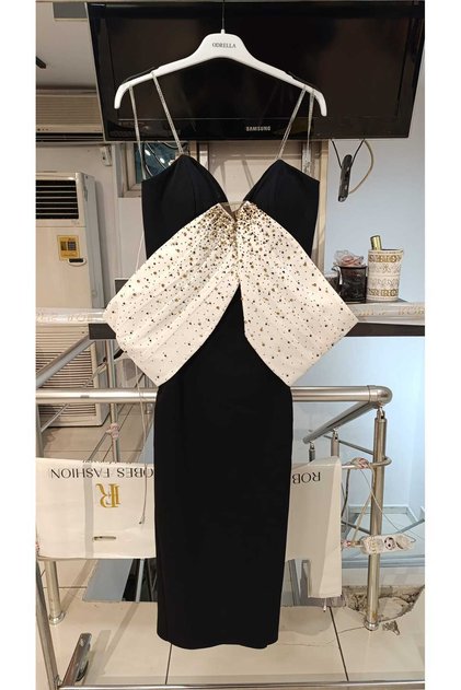 Women's Madonna Neckline Off-Shoulder Pearl and Detailed Slit Pencil Evening Dress