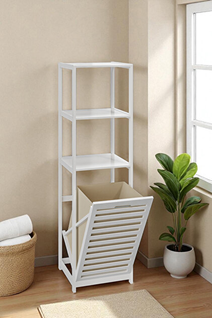 Bambu Beyaz Mat Lake Kirli Sepetli 3 Raflı Banyo Düzenleyici Çamaşır Sepeti DB-0019