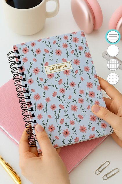 A5 Spiral Thick Cover Lined Notepad, 80 Sheets 160 Pages, Blue Floral