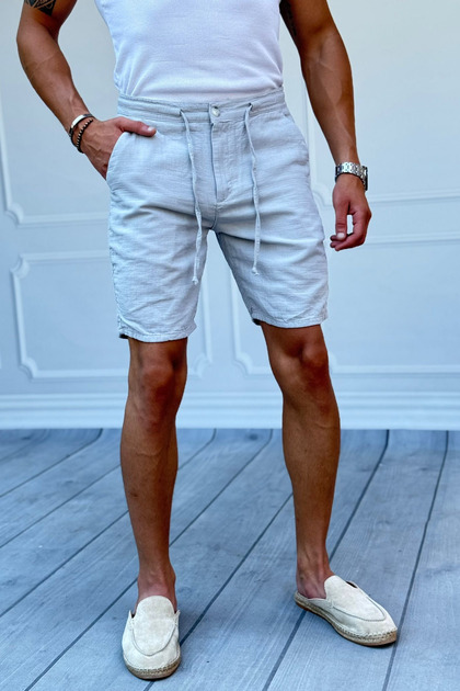 Men's Light Gray Musli Lace-up Linen Shorts