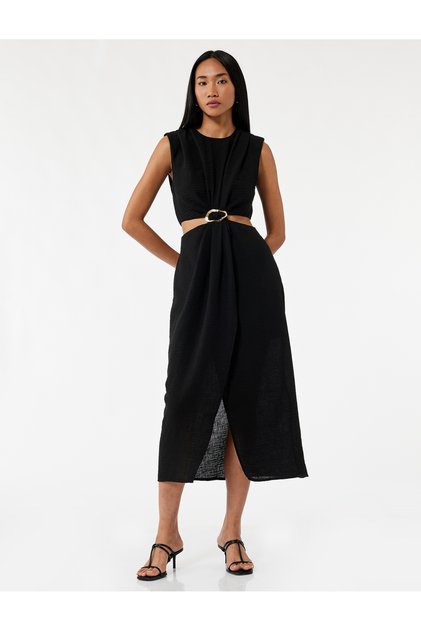 Sleeveless Crew Neck Window Detail Long Dress with Accessories