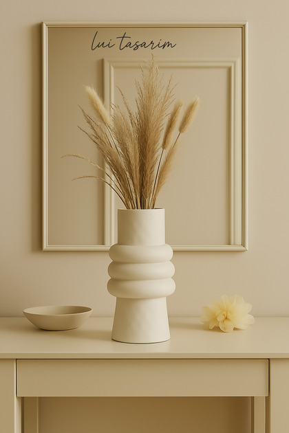 Krem Rengi Seramik Vazo Meri İskandinav Tarzı Modern Minimalist Sade Dekoratif 23 CM Vazo