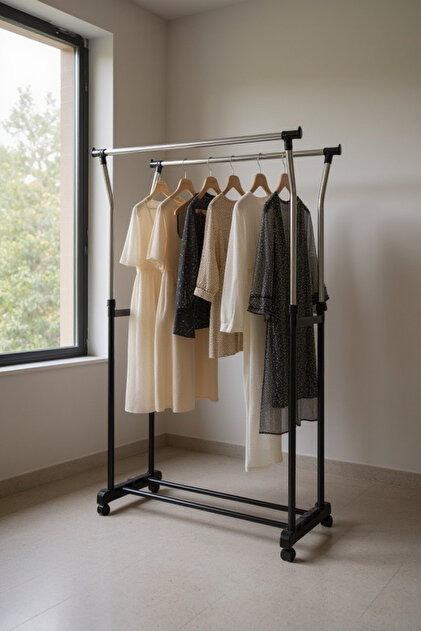 Metal Clothes Hanger and Double Clothes Rack Black, 170*85 cm