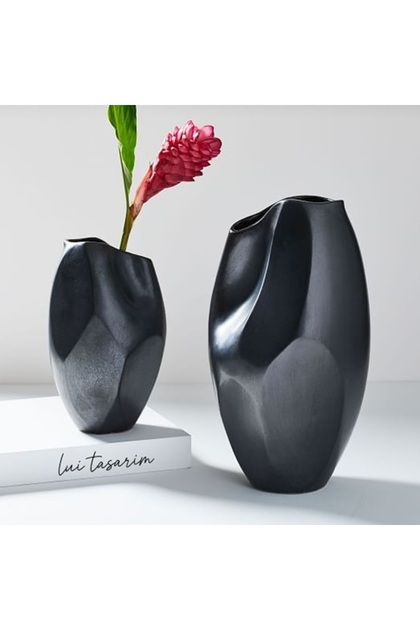 Siyah Renk Seramik Vazo 2'li Set Emila Dekoratif Vazo Modern Sade Şık 32cm 25 cm