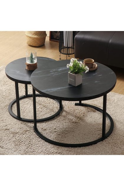 Small Round Nesting Coffee Table 27" Wood and Metal Stacking Coffee Tables for Compact Spaces, Black