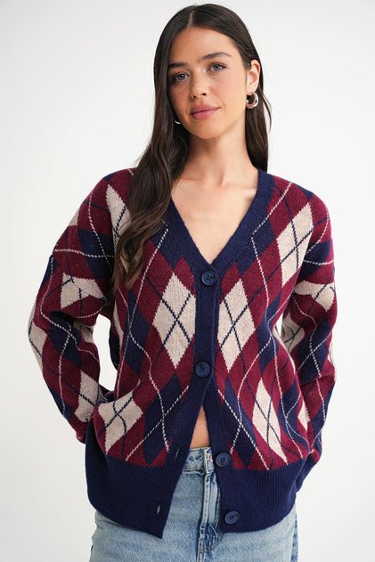 6937 Women's Diamond Patterned Oversize Knitwear Cardigan Navy Blue