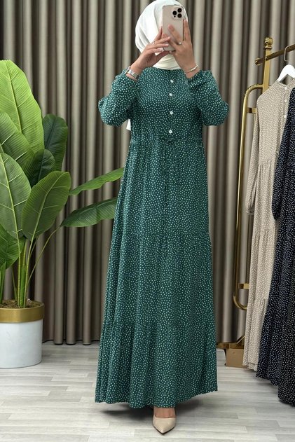 MASAL ELBİSE Viskon Kumaş Kadın Yeşil Düğmeli Puantiye Detaylı Belden Bağlamalı Elbise