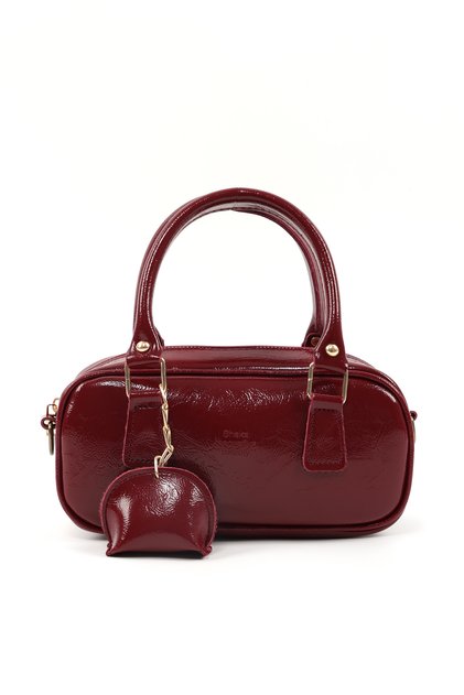 Kırışık Dokulu Cherry Bordo Shk207 Suni Deri Charm Detaylı Fermuarlı El, Kol ve Omuz Çantası