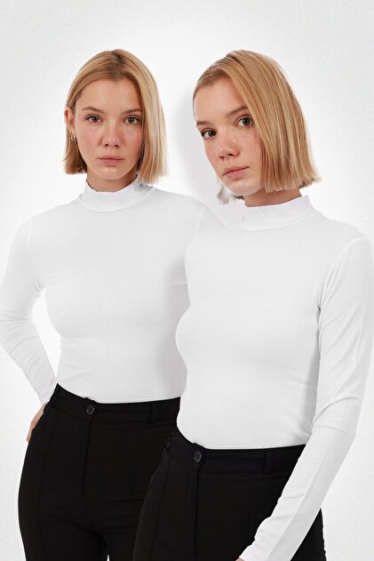 Kadın Uzun Kollu Balıkçı Yaka Body 2’li Set – Beyaz