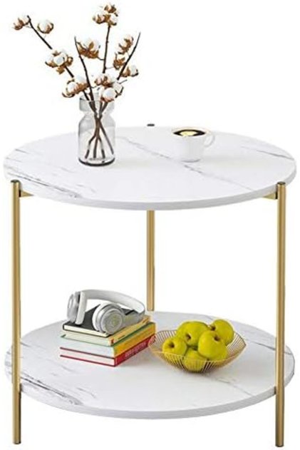 Round Coffee Table - 23.6" Small 2-Tier End Table with Open Storage Shelf, White Wooden Table Top Go