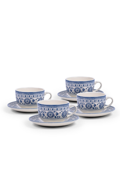 Plethora Grey-Rim 240 ml Porcelain Coffee Cup & Saucer Set (Grey & Blue, Set Of 4)
