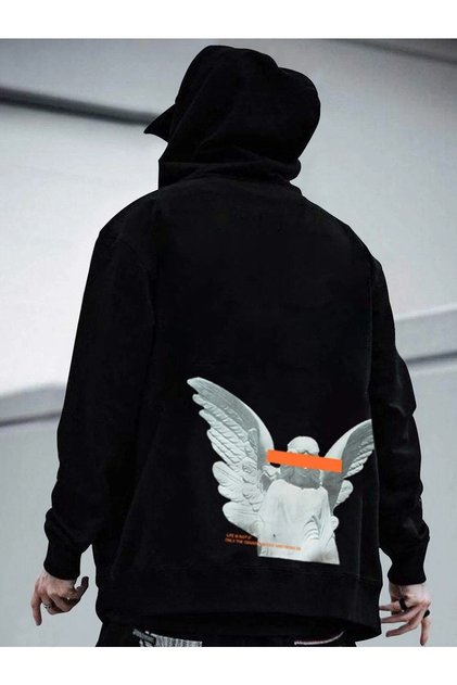 Statue Of Liberty Printed Unisex Oversize Black Hooded Kangaroo Pocket Sweatshirt