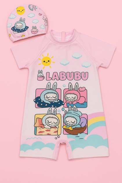 Girls' Labubu Boned Double Short-Sleeved Zipper Swimsuit Summer Vacation