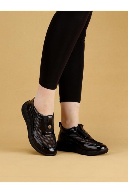 Glossair Women's Black Patent Leather Sports Shoes