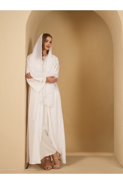 Embellished Detail Textured Abaya with Satin Inner Dress and Scarf Set