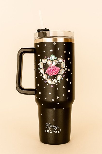 1.2 Liter Steel Thermos with Straw and Handle Black with Stone Embroidered on Color