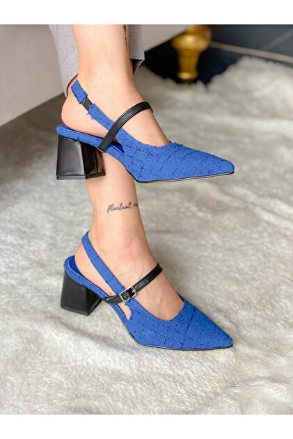 Cindy Cobalt Blue Tweed Fabric Black Leather Detail 5 cm Heel Sandals