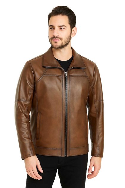 Men's Shirt Collar Brown Shaded Genuine Leather Jacket