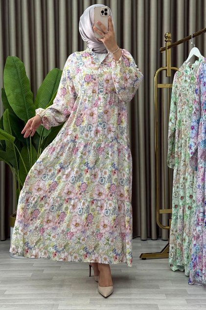 Beautiful Dress Modal Fabric Women's Blue Floral Patterned Buttoned Elastic Sleeves Relaxed Cut Dress
