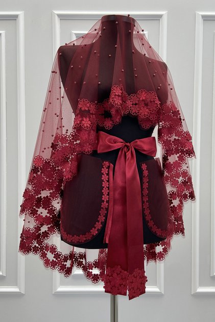 Burgundy Bridal Veil Set, 3D Flower and Pearl, Henna Night Veil Face Cover Set 6 Pieces