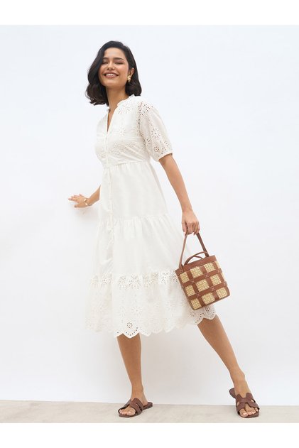 Women White Schiffli Puff Sleeves Tiered Midi Dress