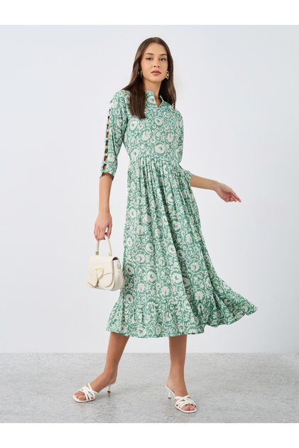 Floral Print Ruffled Hem A-Line Midi Dress