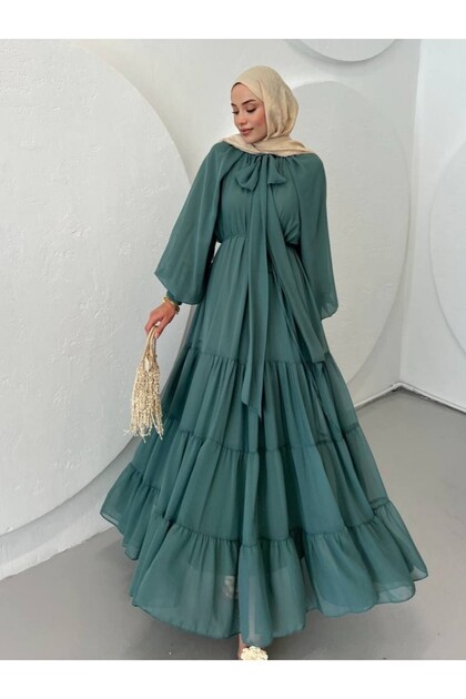 Chiffon Dress with Scarf Detail on the Collar and Fragmented Skirt - Mint