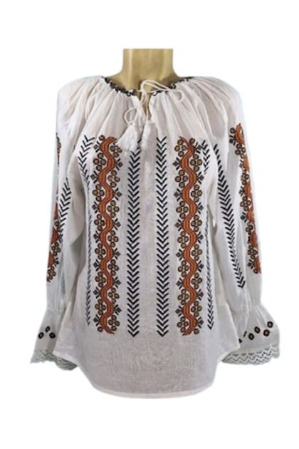 Bluză tradițională cu mânecă lungă, brodată, muștar-negru, mărimea 2XL