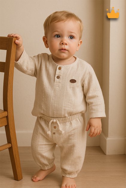 0-2 Years 100% Cotton Linen Striped Top Bottom 2-Piece Baby Boy Kids Suit Brown 2211