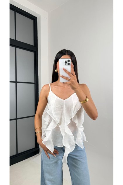 White Adjustable Strap Md Equivalent Ruffle Detailed Blouse Gaus00665