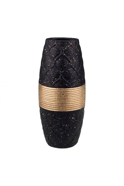Vaze din ceramica cu romburi si dungi orizontale, 10x23 cm, negru-auriu
