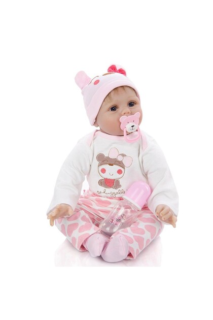 Păpușă bebeluș 55 cm, aspect realist, haine roz, 5 accesorii, suzetă magnetică
