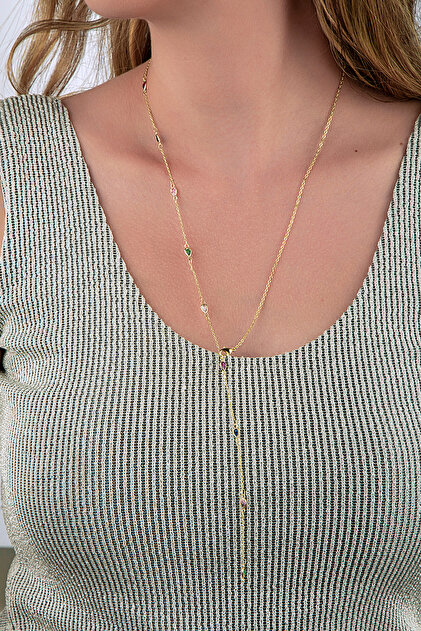 Gold Y Necklace with Thin Chain Colored Drop Stones