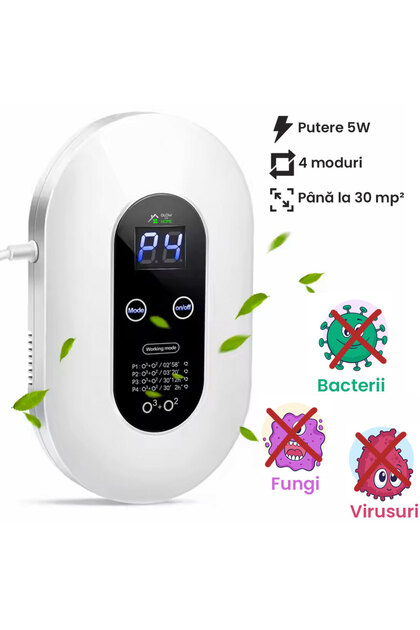 Purificator de aer cu ozon GlowforHome, 5W, 130mg/h, 30mp, ioni negativi 5 milioane, LCD, alb