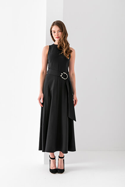 Sleeveless Long Belted Dress Polyviscon