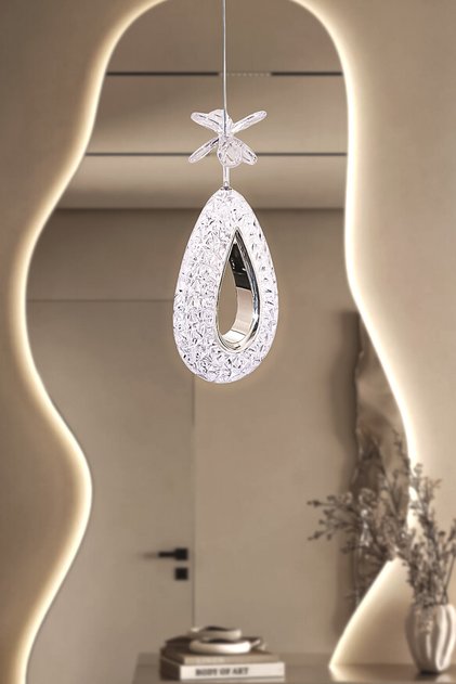 Arel Tekli Modern Led Avize Krom Renk Kristal Görünüm Beyaz Işık Enerji Tasarruflu Hol Yemek Odası