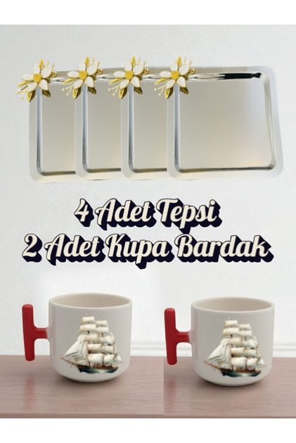 4-Piece Daisy Tray Coffee Presentation Tray 21X21 cm - 2-Piece Ship Red Handled Coffee Cup