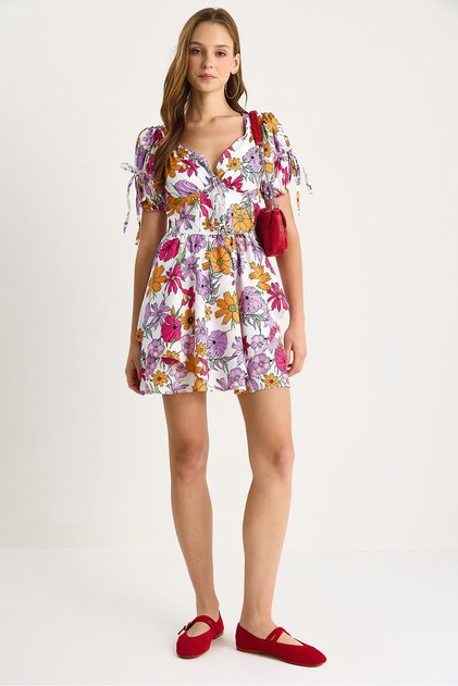 Women's Fuchsia Floral Patterned Bow Detailed Mini Dress 602 60283503