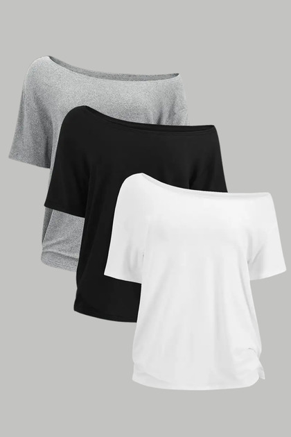 White Black Gray 3-Pack Women's Off Shoulder Boat Neck Oversize T-Shirt