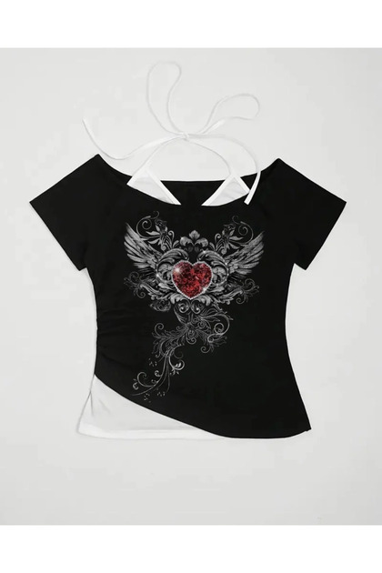 Black Gothic Red Love Collar Short Sleeve Full Body Crop with Additional Strap