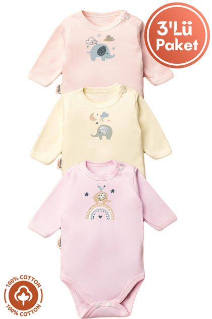 Unisex %100 Organik Pamuklu Fil Baskılı 0-12 Ay 3Lü Uzun Kollu Bebek Body Zıbın Set