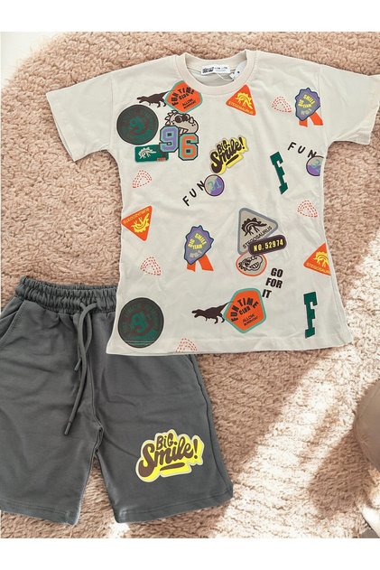 Boy's Dinosaur Detailed Emblem Printed New Season Bottom Top Shorts Tshirt Set