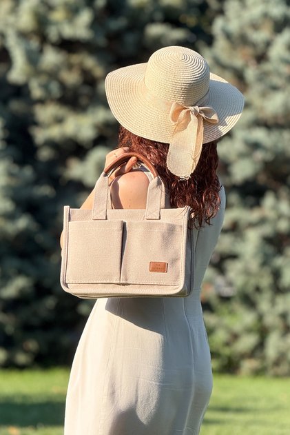 Women's Natural Fabric Canvas Hand and Shoulder Bag - Mini Tote Bag Suitable for Daily Use