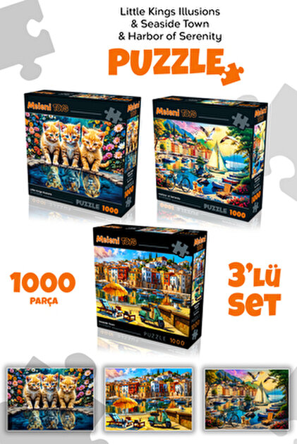 Meleni Toys 3 Adet 1000 Parça Puzzle - Limanda Sakinlik, Sahil