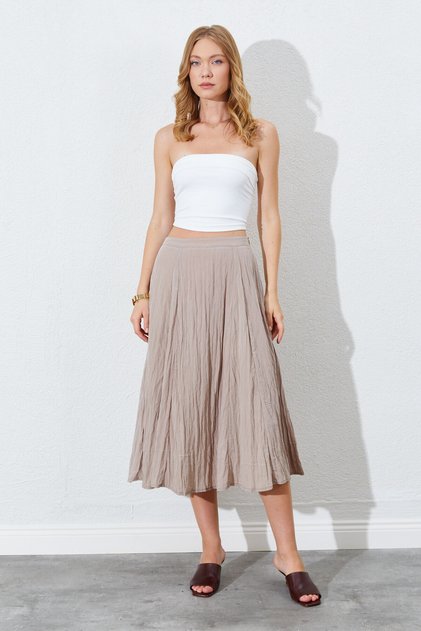 Wrinkled textured, high waist, midi length flared women's skirt | Ek100295128.