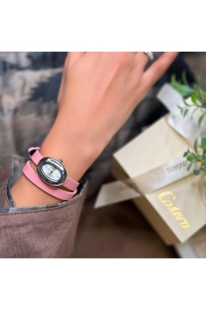 Caterra Women's Leather Watch with Pink Strap and Silver Frame